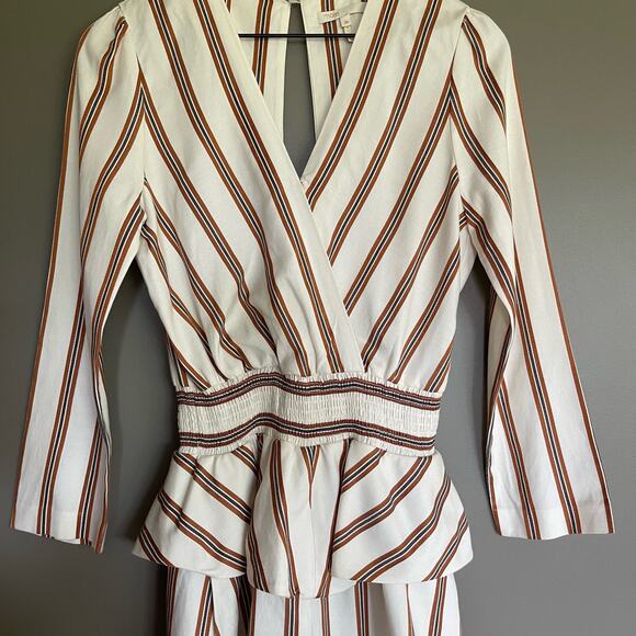 Maje Ieni Romper Size Medium Cream Bronze Striped Peplum One Piece Long Sleeve - Picture 6 of 16